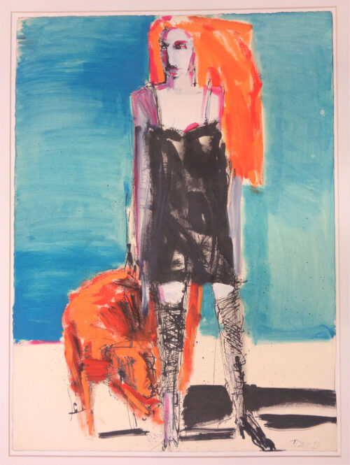 Trak Wendisch, Frau mit Hund, 1986, Gouache, Feder, Pinsel © VG Bild-Kunst, Bonn 2022, Foto: Archiv BLMK