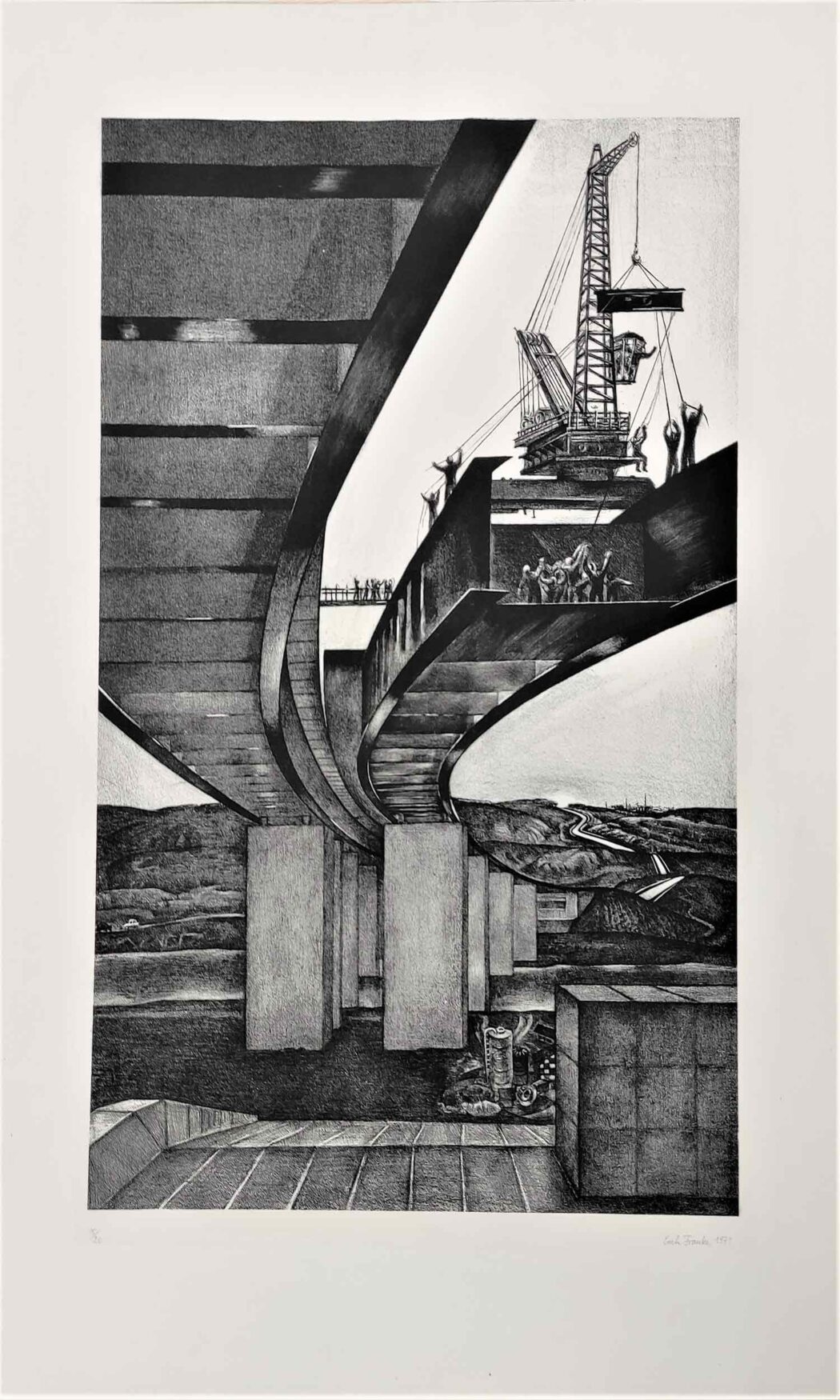 Erich Franke, Mulde – Großbrücke bei Grimma, Blatt 5 aus der Mappe: Autobahnbau Leipzig – Dresden, 1971, Lithografie © Künstler, Foto: BLMK