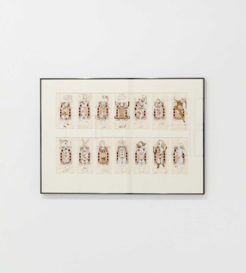 Karla Woisnitza, aus der Serie: 100 Golden Girls (97 Teile), 1992, Montage aus Brottüten und Notizpappen, Übermalung mit Eddingstift, Gold und Acryl, Ausstellungsansicht, Karla Woisnitza. über grenzen, BLMK Cottbus, 2023 © VG Bild-Kunst, Bonn 2023, Foto: Bernd Schönberger