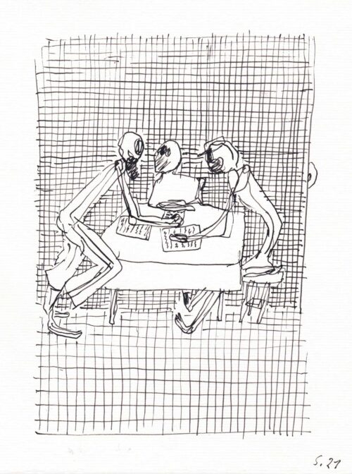 Frank Diersch, Systemrelevanz, Drei Tote am Tisch S. 21, 2020, Tusche auf Papier © Frank Diersch