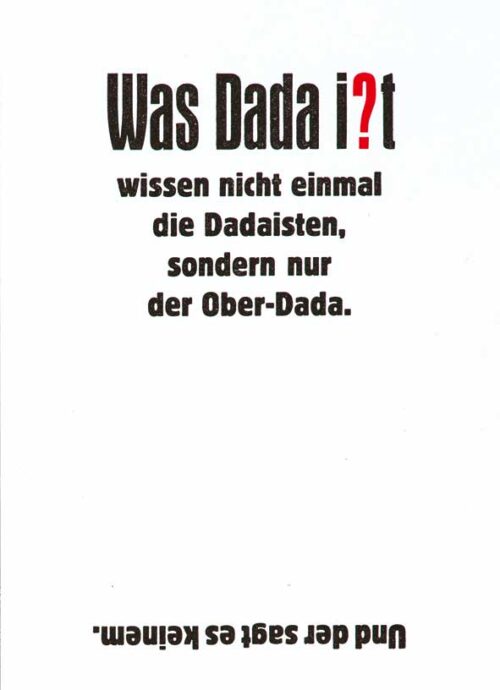 Marc Berger (Edition Schwarzdruck, D), Was Dada i?t, DADAankeschön, 2016, aus dem Postkartenset als Dankeschön für die Crowdfundingkampagne, Handsatz mit Bleilettern, Messinglinien, Zierelementen und alten Klischees, Buchdruck © Marc Berger, Foto: Andreas Bartsch