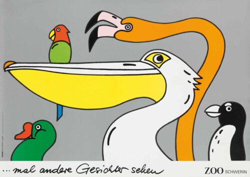 Renate Gaulke: … mal andere Gesichter sehen, Zoo Schwerin, 1987, Offsetdruck © Renate Gaulke, Foto: Jens Ziehe