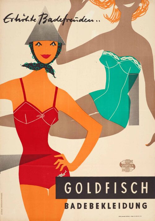 Renate Wenzel, Erhöhte Badefreuden .., Goldfisch Badebekleidung, 1958, Offsetdruck © Renate Wenzel, Foto: Jens Nober, Museum Folkwang