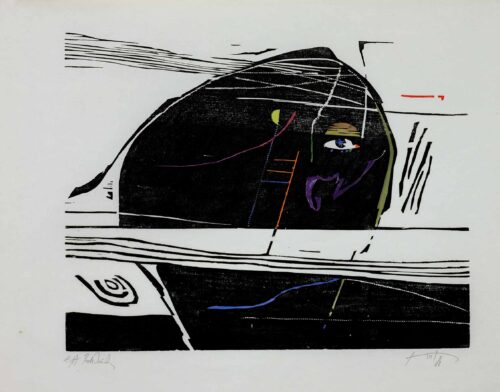 Ingo Kirchner, Surreale Situation, 1980, Holzschnitt, koloriert © VG Bild-Kunst, Bonn 2024, Foto: Ludwig Rauch