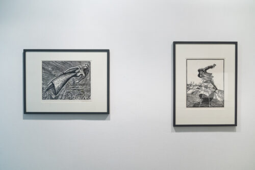 Ausstellungsansicht, Schattenspringer. Spielarten des Holzschnitts im 20. und 21. Jahrhundert, BLMK Frankfurt (Oder), 2024, Foto: Bernd Schönberger