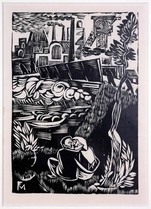 Conrad Felixmüller, Liebespaar vor Industrielandschaft, 1923, Holzschnitt © VG Bild-Kunst, Bonn 2024, Foto: Ludwig Rauch