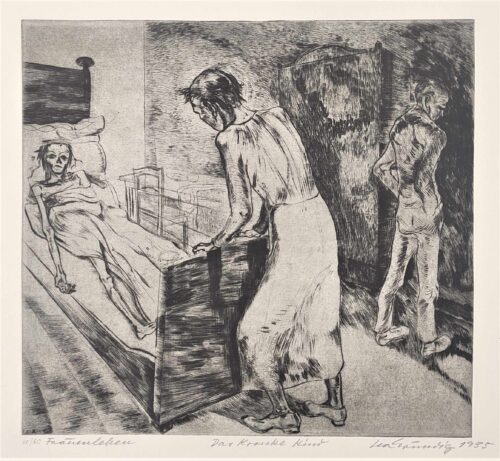 Lea Grundig, Das kranke Kind, aus dem Zyklus: Frauenleben, 1935, Aquatinta © VG Bild-Kunst, Bonn 2025, Foto: BLMK