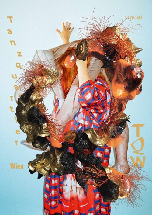 studio VIE, Anouk Rehorek, Christian Schlager, Elsa Kubik (Grafikdesign), Herwig Scherabon (Digital Art), Katarina Šoškić (Foto), Tanzquartier Wien Kampagne – Jakob Lena Knebel, 2019, aus einer dreiteiligen Serie, Digitaldruck © studio VIE
