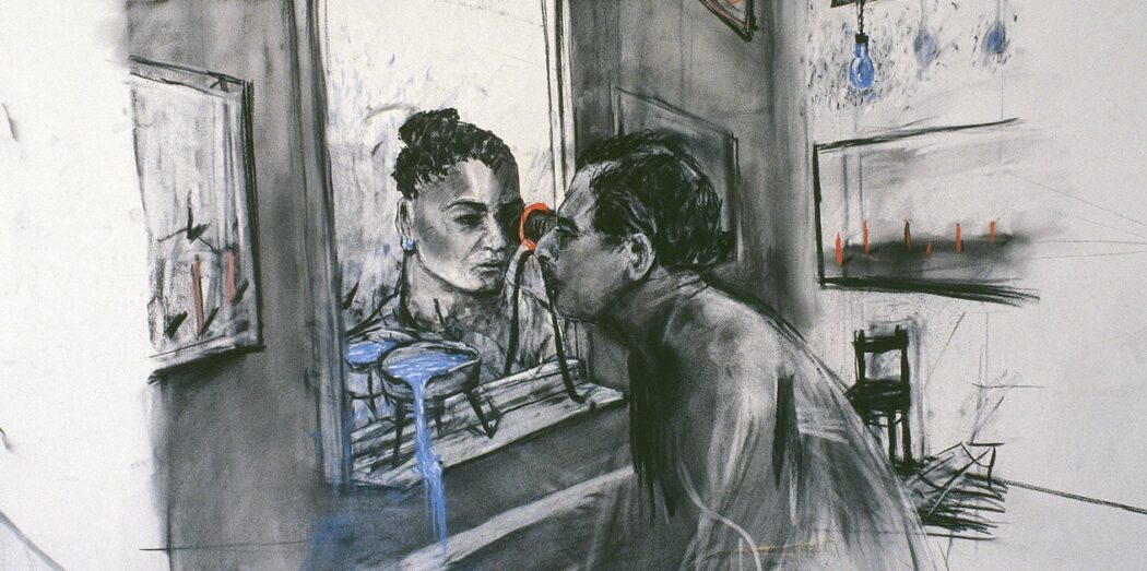 Wiliam Kentridge, Zeichnung für Felix im Exil (Figuren Auge in Auge), 1994, Holzkohle und Pastell auf Papier © Künstler