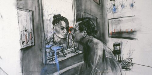 Wiliam Kentridge, Zeichnung für Felix im Exil (Figuren Auge in Auge), 1994, Holzkohle und Pastell auf Papier © Künstler