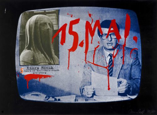 Lutz Dammbeck, 5 Jahre Clara Mosch in Karl-Marx-Stadt Adelsberg, 1982, Siebdruck © VG Bild-Kunst, Bonn 2025, Foto: Alexander Janetzko