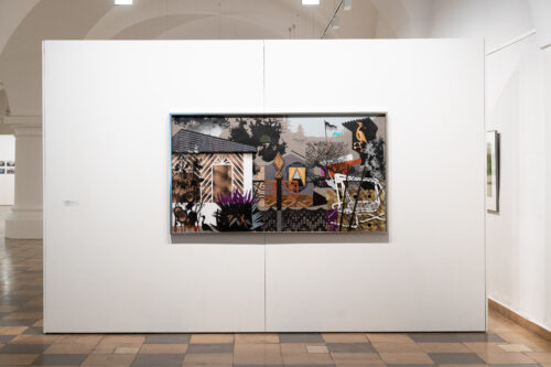 Annette Schröter, Kleingarten im Januar, 2022, Papierschnitt © Annette Schröter, Ausstellungsansicht, Schrebergärten. Streifzüge durch einen Mikrokosmos, BLMK Frankfurt (Oder), 2025, Foto: Bernd Schönberger