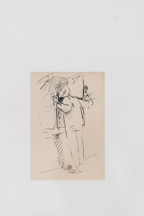 Bernhard Heisig, Fensteröffner, o. J., Federzeichnung auf Papier, Ausstellungsansicht, Von Krieg, Alltäglichkeiten und anderen Miseren. Handzeichnungen von Bernhard Heisig, BLMK Cottbus, 2025, Foto: Bernd Schönberger