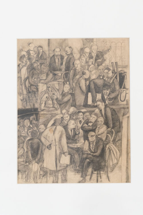 Bernhard Heisig, o. T., o. J., Bleistift auf Pappe, Ausstellungsansicht, Von Krieg, Alltäglichkeiten und anderen Miseren. Handzeichnungen von Bernhard Heisig, BLMK Cottbus, 2025, Foto: Bernd Schönberger