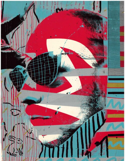 Moritz Götze, o. T., 1990, Siebdruck, Einband zu: Matthias BAADER Holst / Moritz Götze, zwischen bunt und bestialisch: all die toten albanier meines surfbretts, Künstlerbuch, Halle, Hase 1990 © VG Bild-Kunst, Bonn 2025, Foto: BLMK