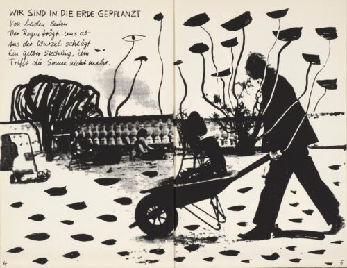 Christine Schlegel, o. T., 1986, Siebdruck, aus: Inge Müller / Christine Schlegel, Villeicht werde ich plötzlich verschwinden, Originalgrafisches Buch, Eigenverlag, Berlin, 1986 © Christine Schlegel, Foto: Ludwig Rauch